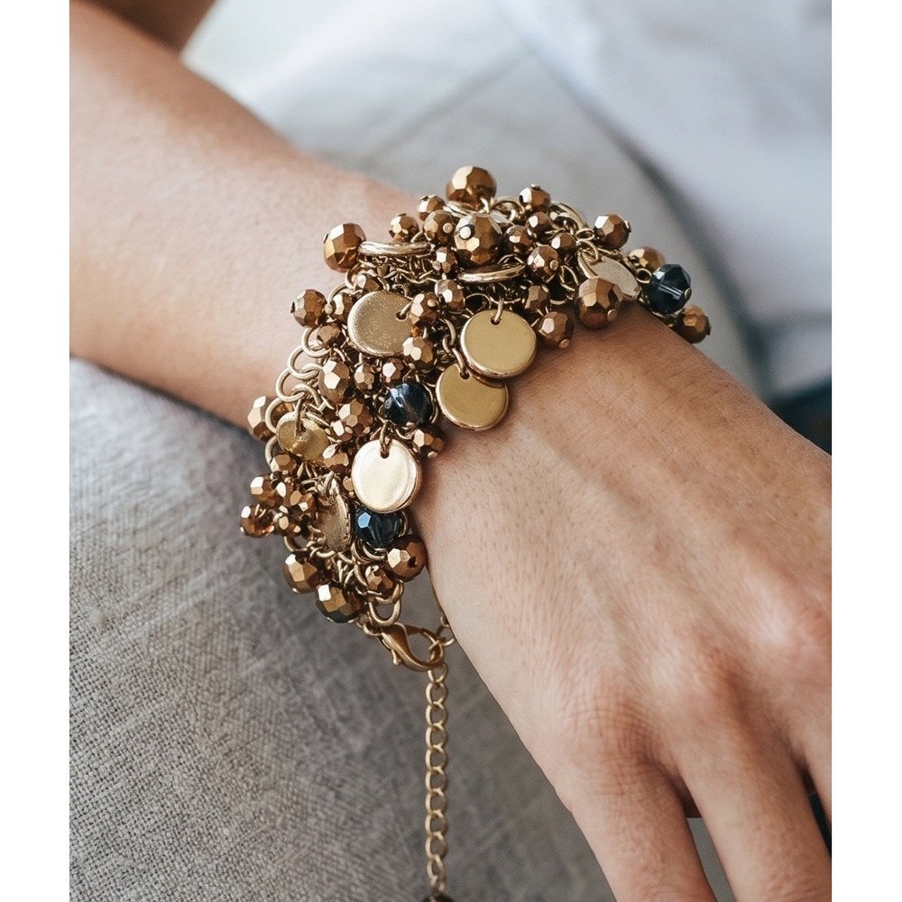 Beaded Chain Link Cuff Layered Bracelet Bronze Iridescent Gold Tone Disc‎ 9.5"